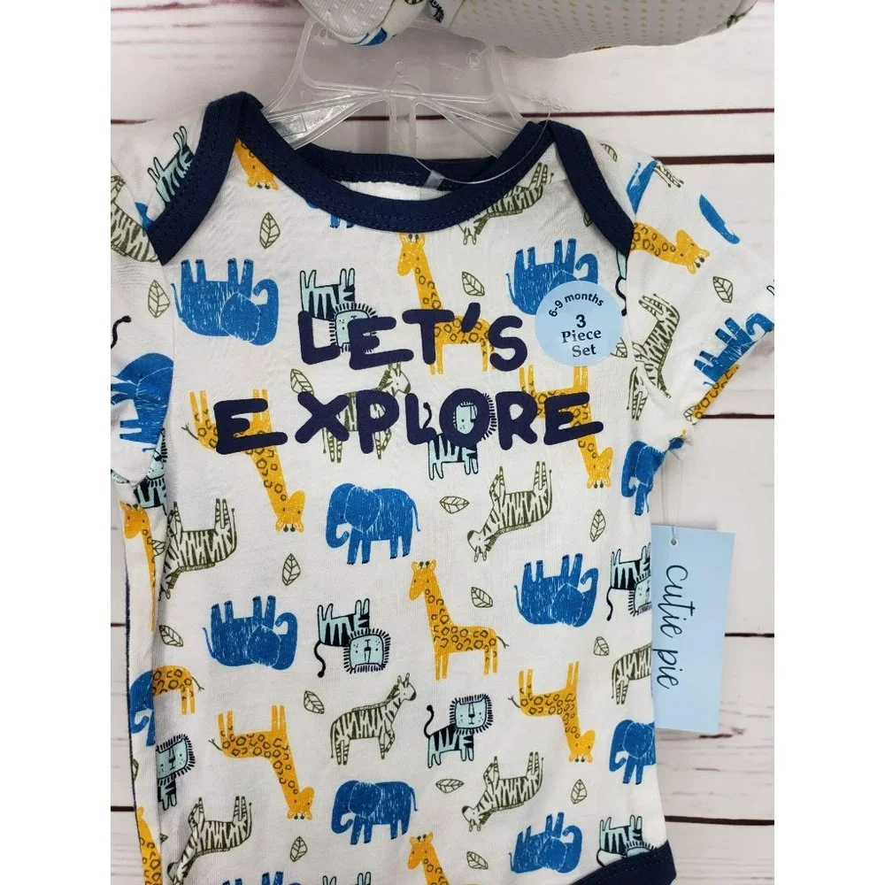 Cutie Pie 6-9 months Let's Explore Safari 3 piece boys‎ bodysuit set